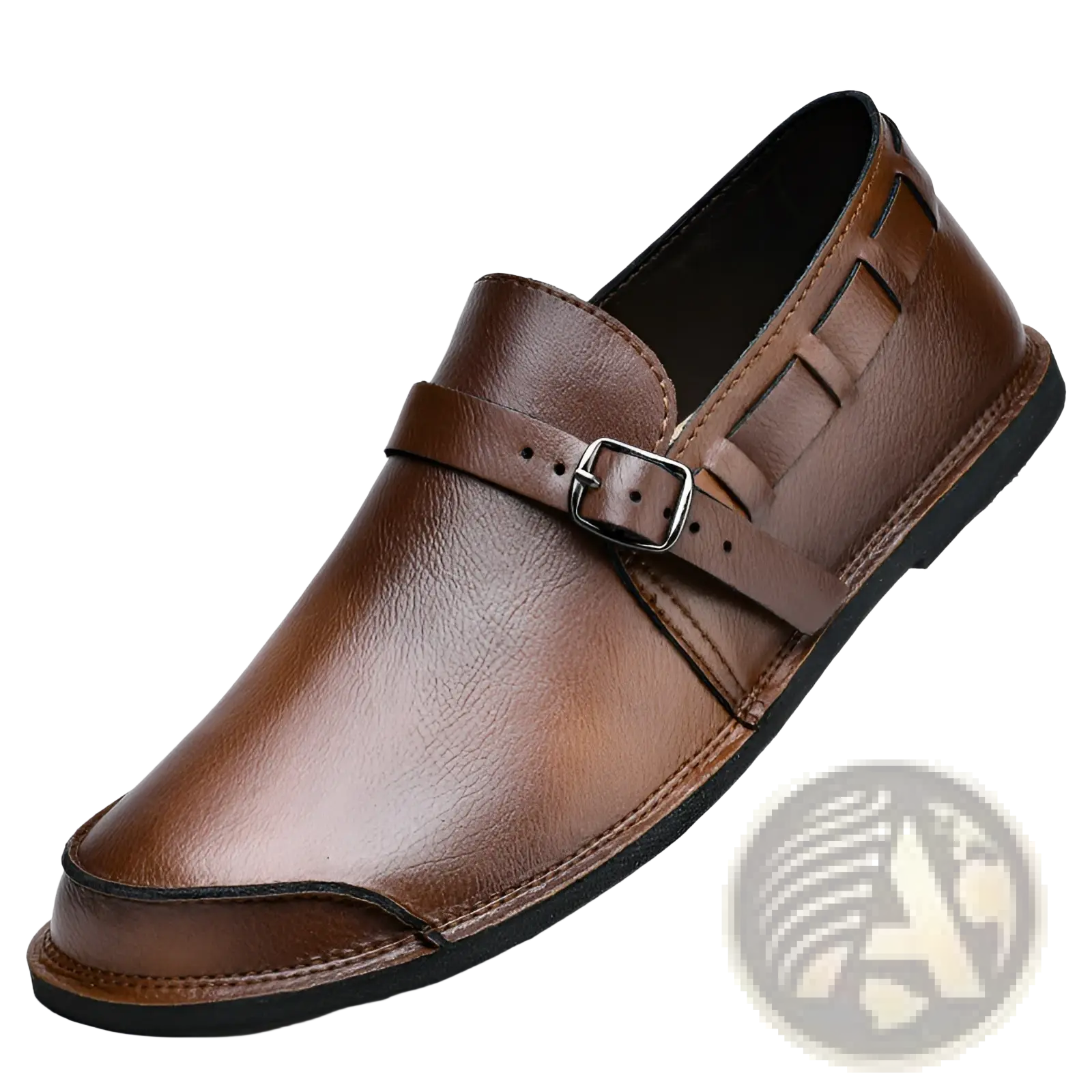 Men leather slip on loafer in brown with silver buckle strap and black rubber sole for casual use