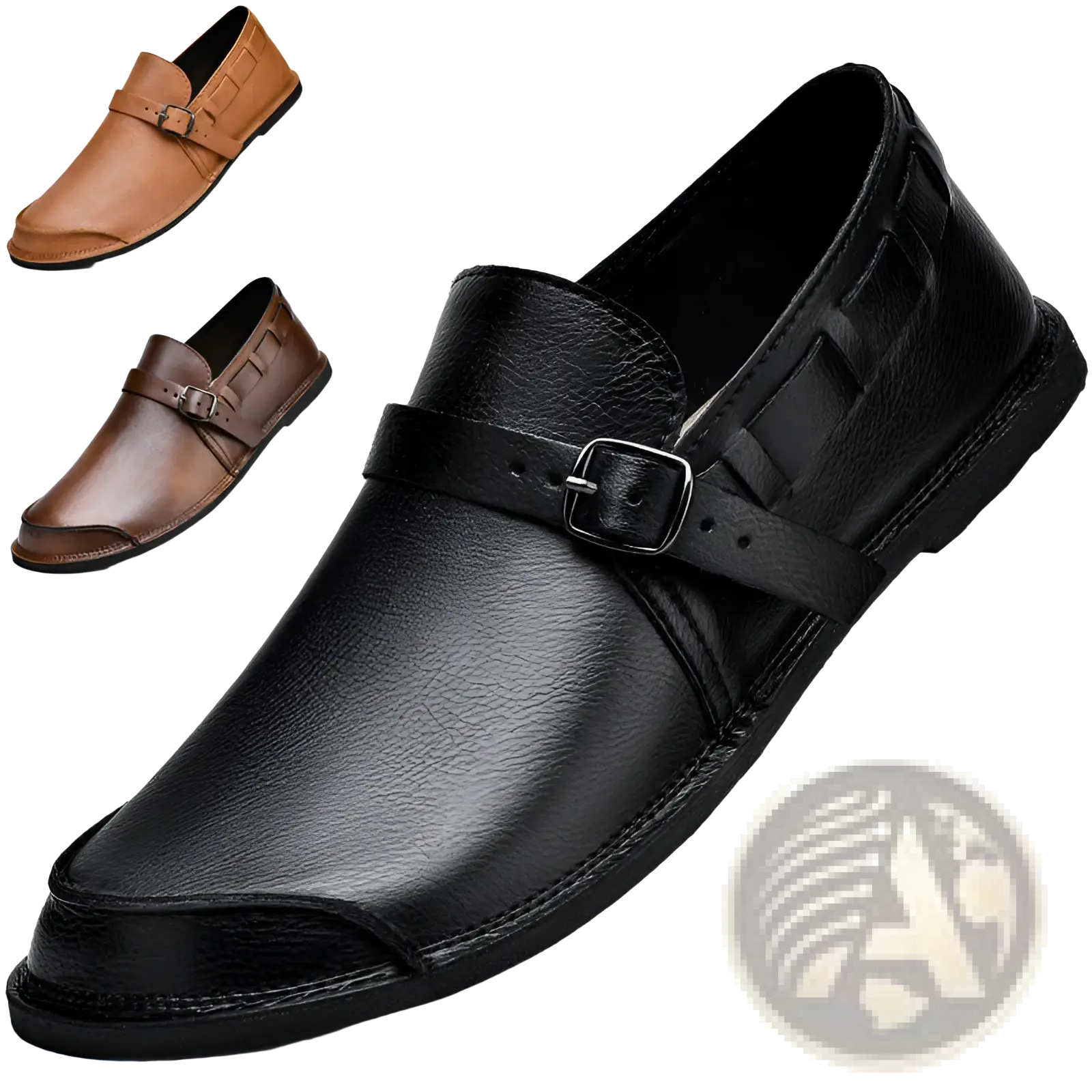 Men leather slip on loafer in black with silver buckle strap and stitched detailing for casual wear