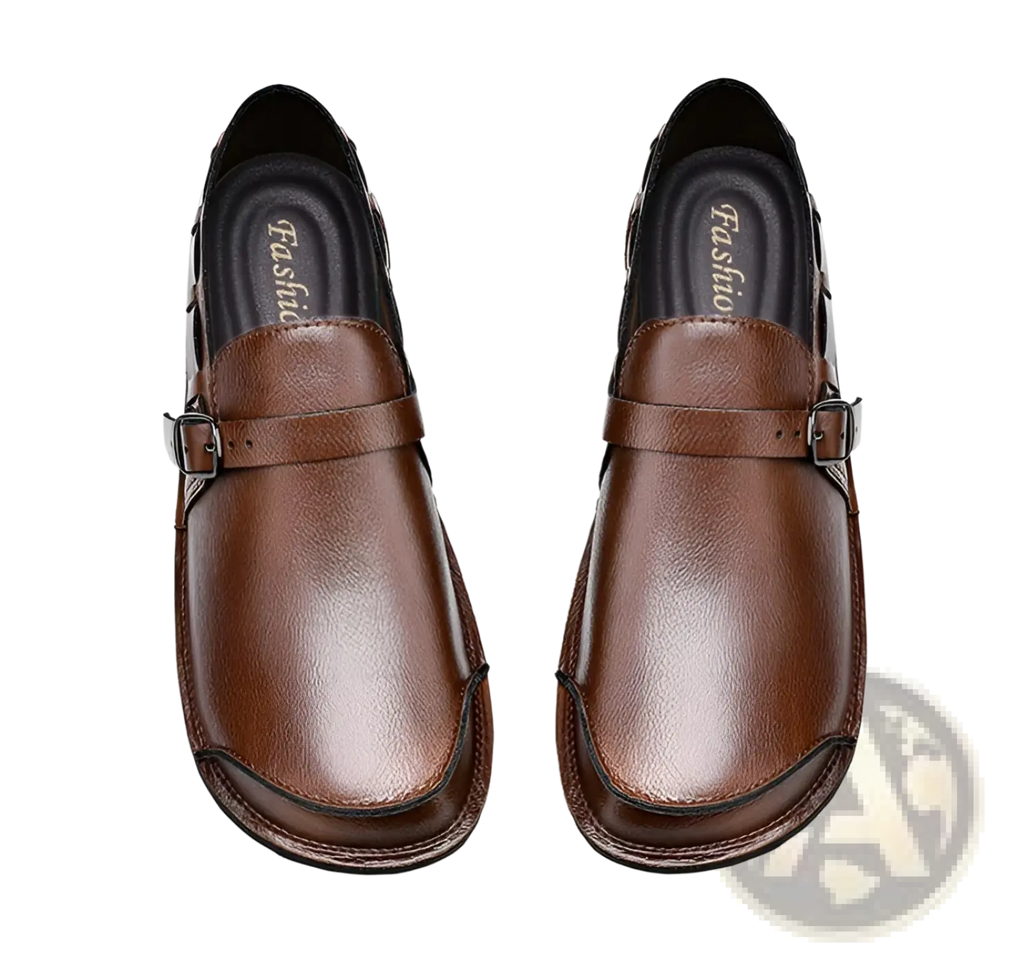 Men leather slip on loafer casual shoes in brown featuring a buckle strap across the instep