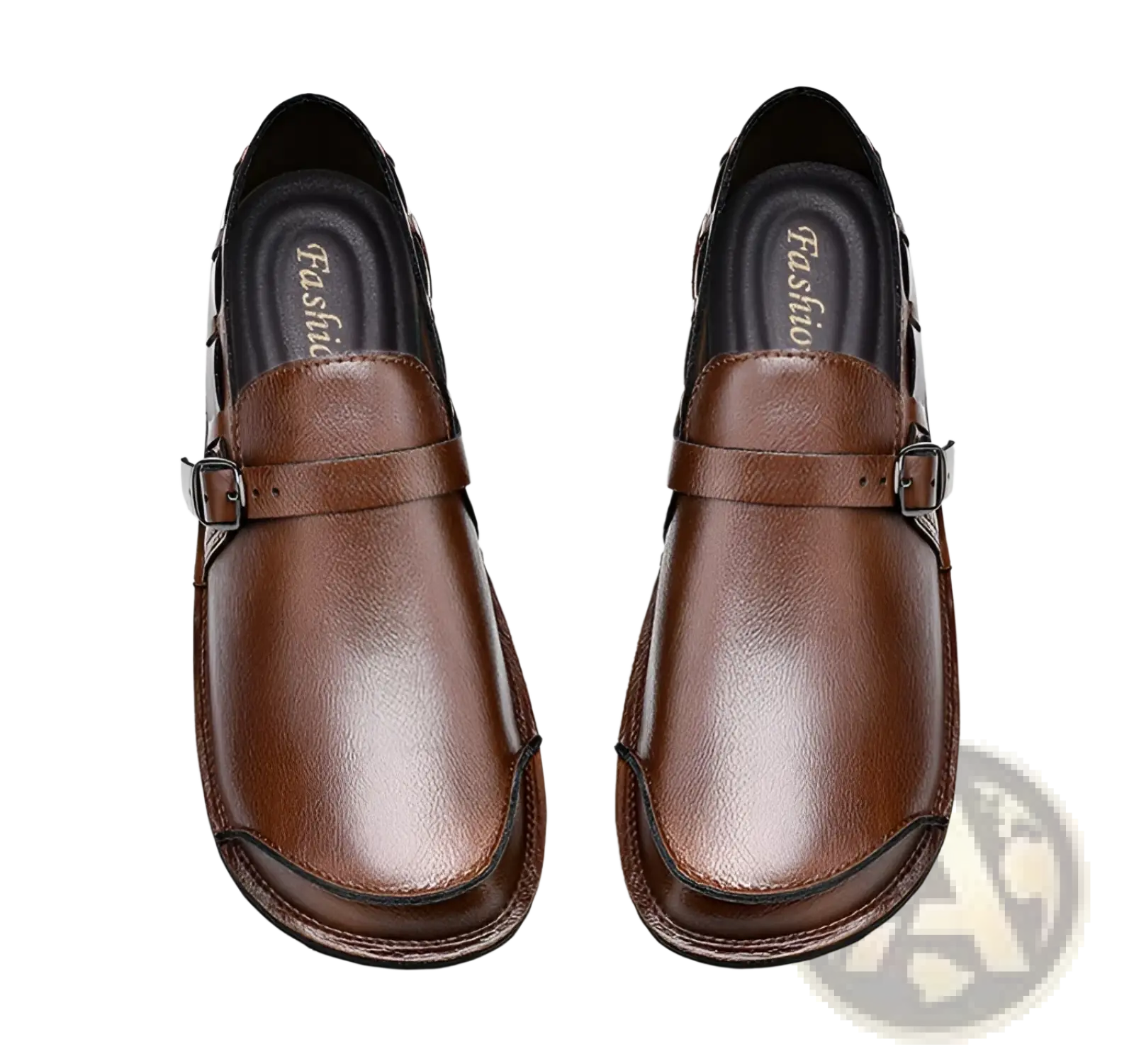 Men leather slip on loafer casual shoes in brown featuring a buckle strap across the instep