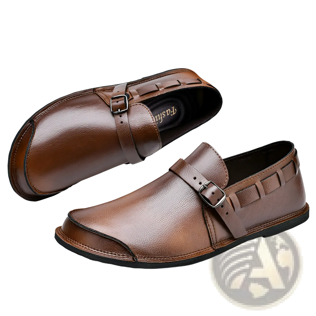 Men leather slip on loafer casual shoes in brown with buckle strap and stitched detailing on smooth leather