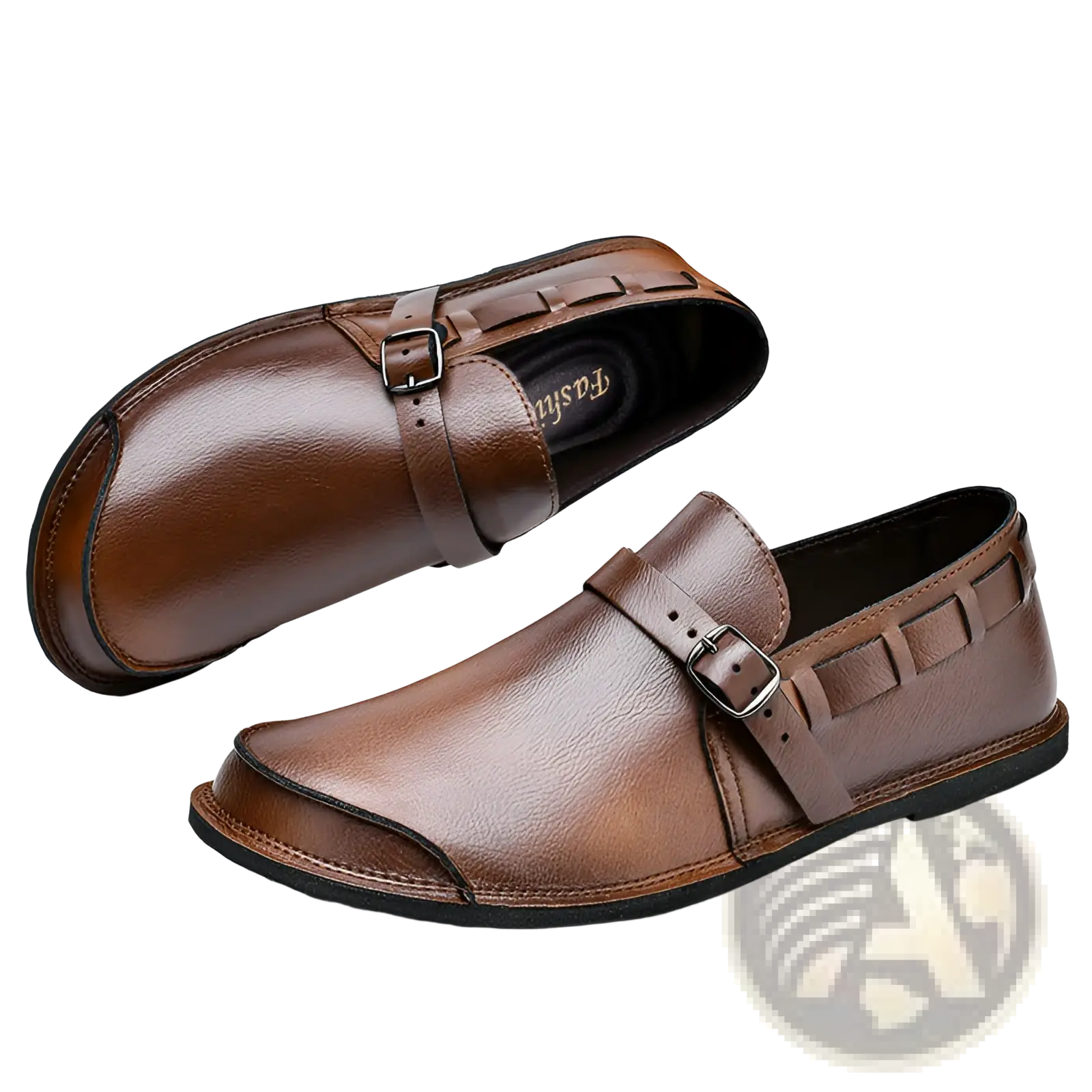 Men leather slip on loafer casual shoes in brown with buckle strap and stitched detailing on smooth leather