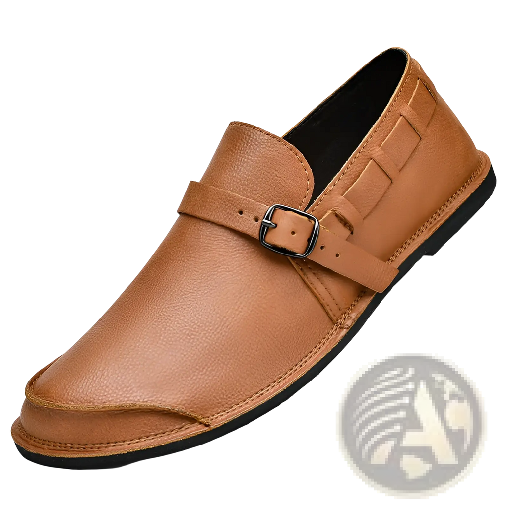 Men leather slip on loafer in tan leather with black buckle and stitched detailing for casual wear