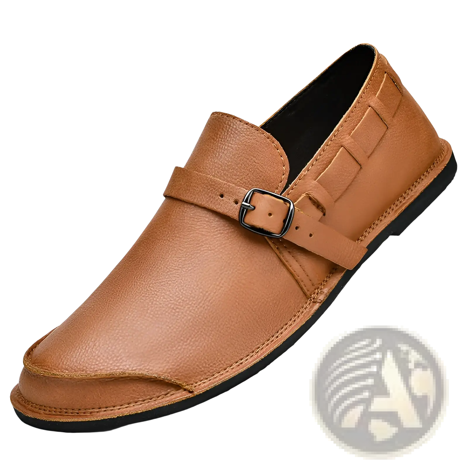 Men leather slip on loafer in tan leather with black buckle and stitched detailing for casual wear