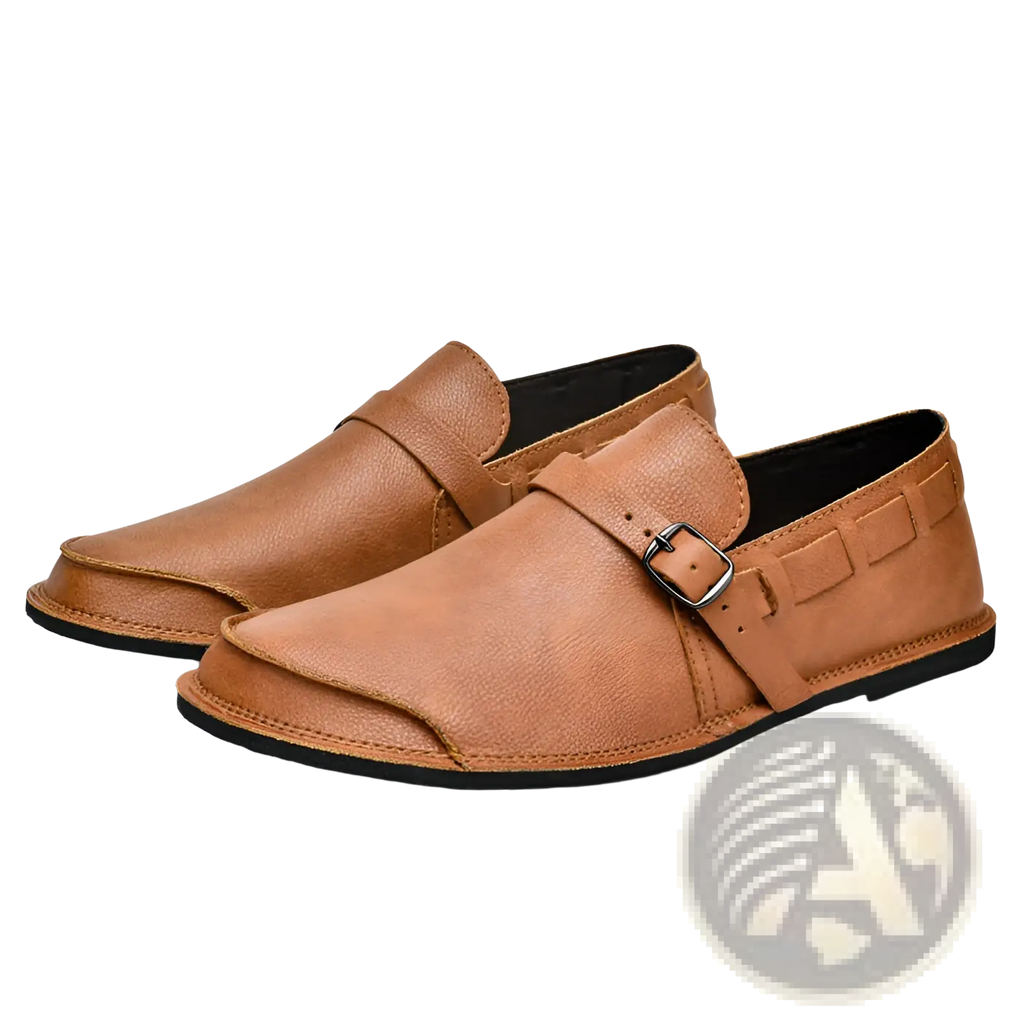 Men leather slip on loafer casual shoes in tan leather with silver buckle and black rubber soles