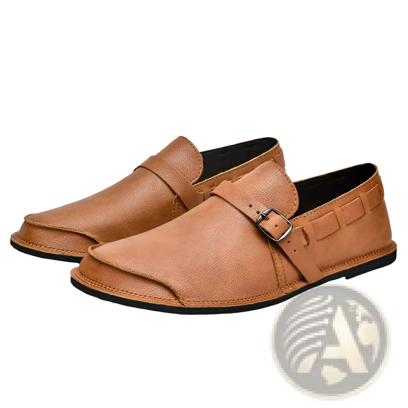 Men leather slip on loafer casual shoes in tan leather with silver buckle and black rubber soles