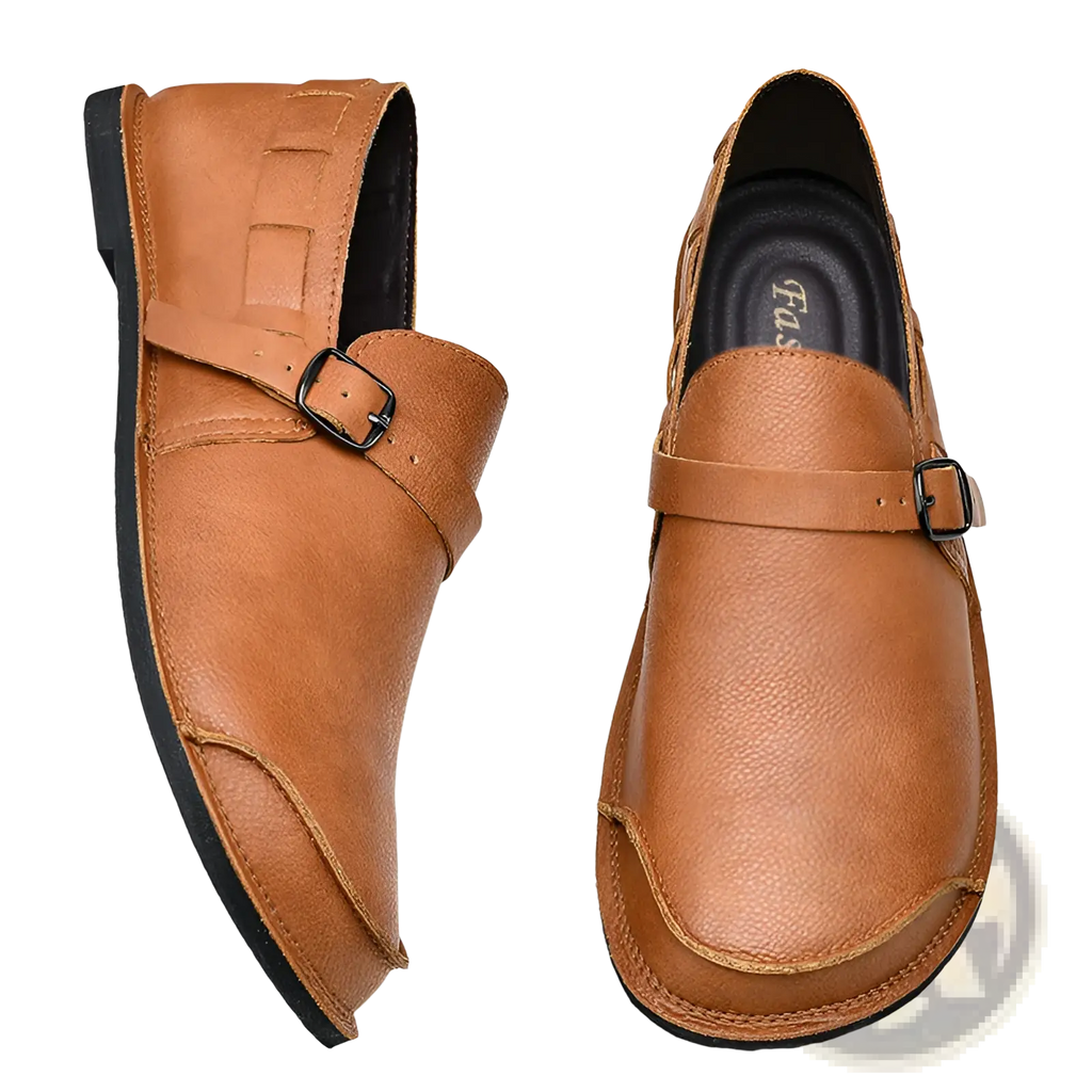 Tan leather slip-on loafers with a single buckle strap across the instep casual men’s shoes