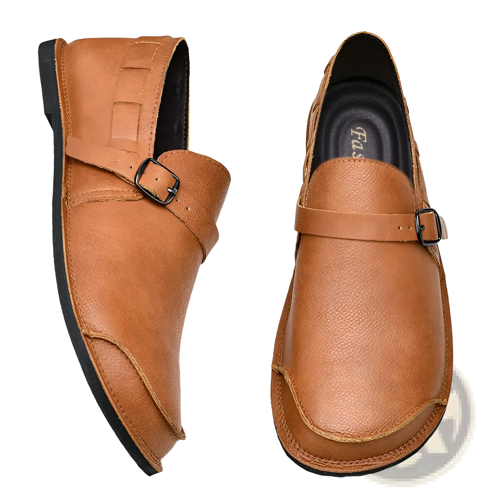 Tan leather slip-on loafers with a single buckle strap across the instep casual men’s shoes