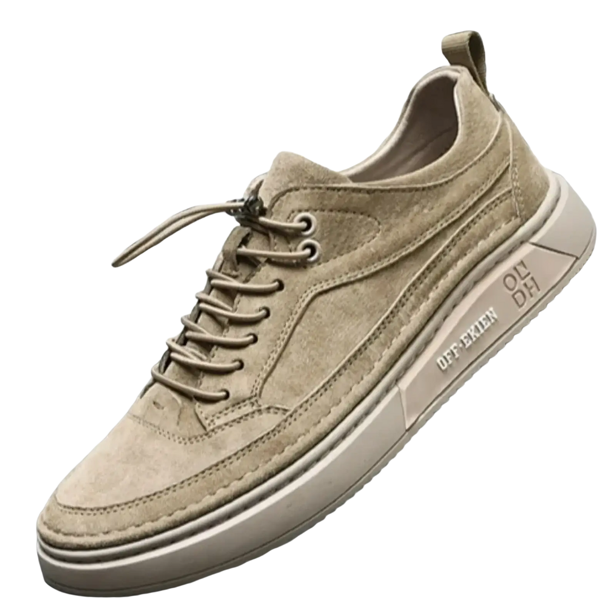 Beige suede men leather slip-on loafers with matching laces and chunky off-white rubber sole for casual wear