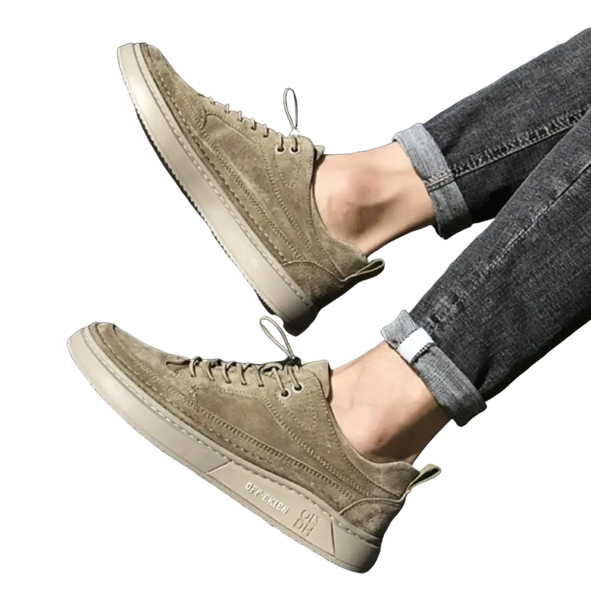 Men leather slip-on loafers casual shoes in beige suede with low-top design and chunky white rubber sole