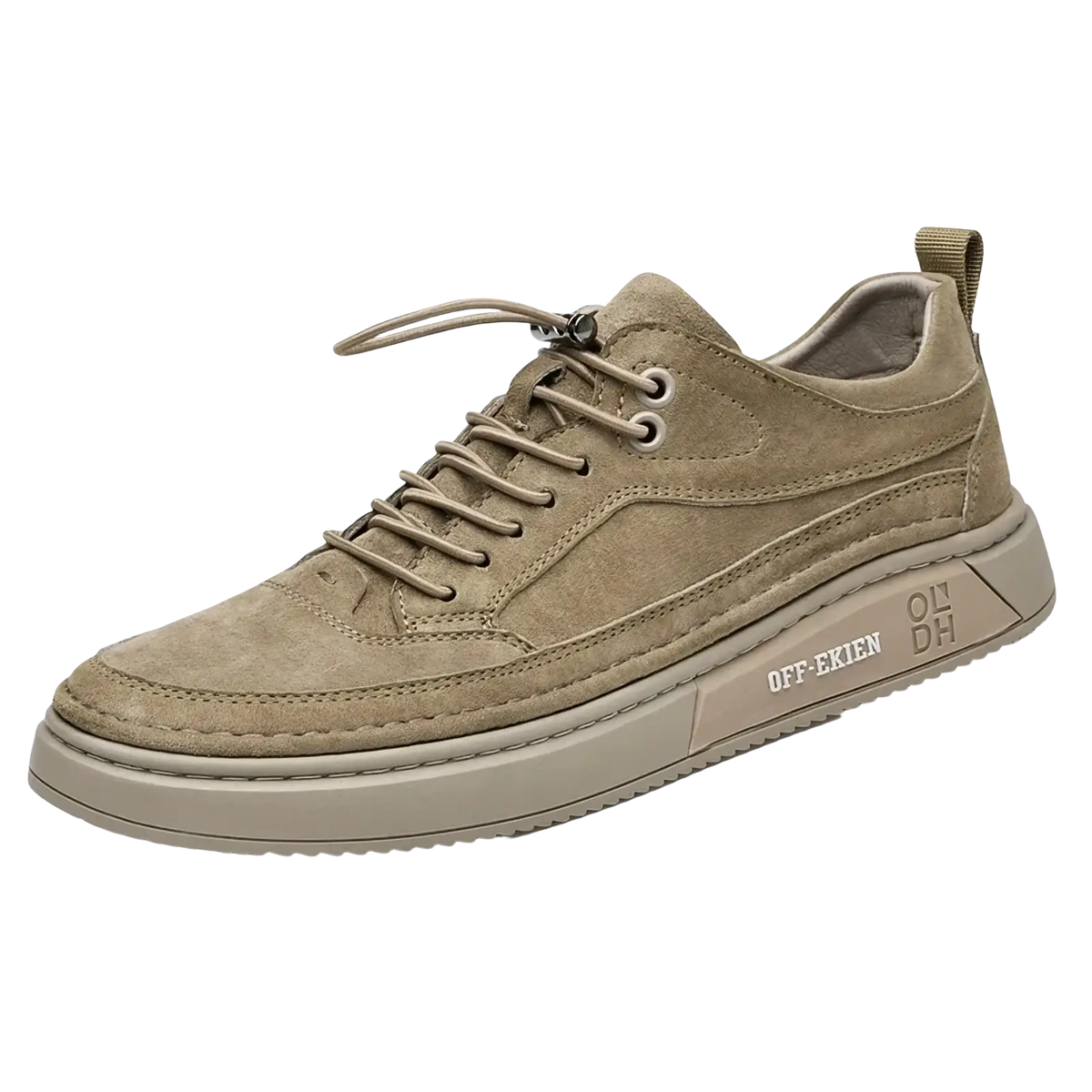 Beige suede low-top sneaker with matching laces and chunky rubber sole branded off-exien for casual wear