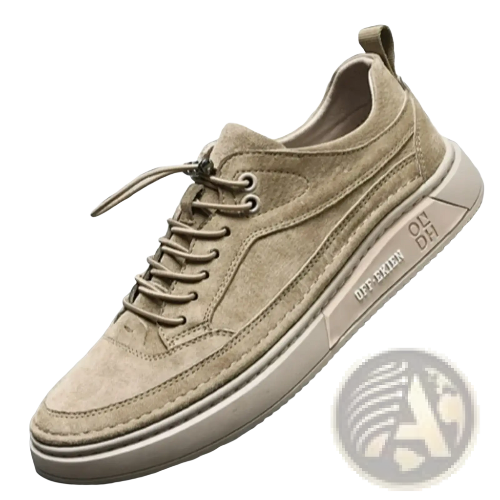 Beige suede men leather slip-on loafers with matching laces and chunky off-white rubber sole for casual wear