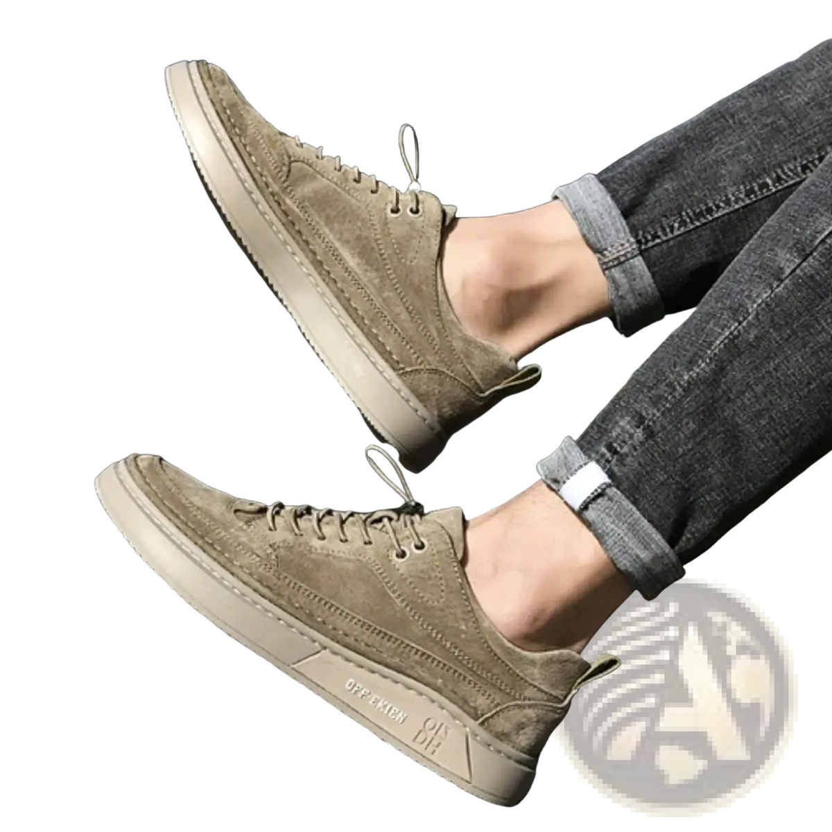 Men leather slip-on loafers casual shoes in beige suede with low-top design and chunky white rubber sole