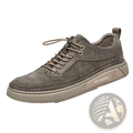 Men leather slip-on loafers casual shoes in gray suede with matching laces and chunky beige rubber sole off-erien branding
