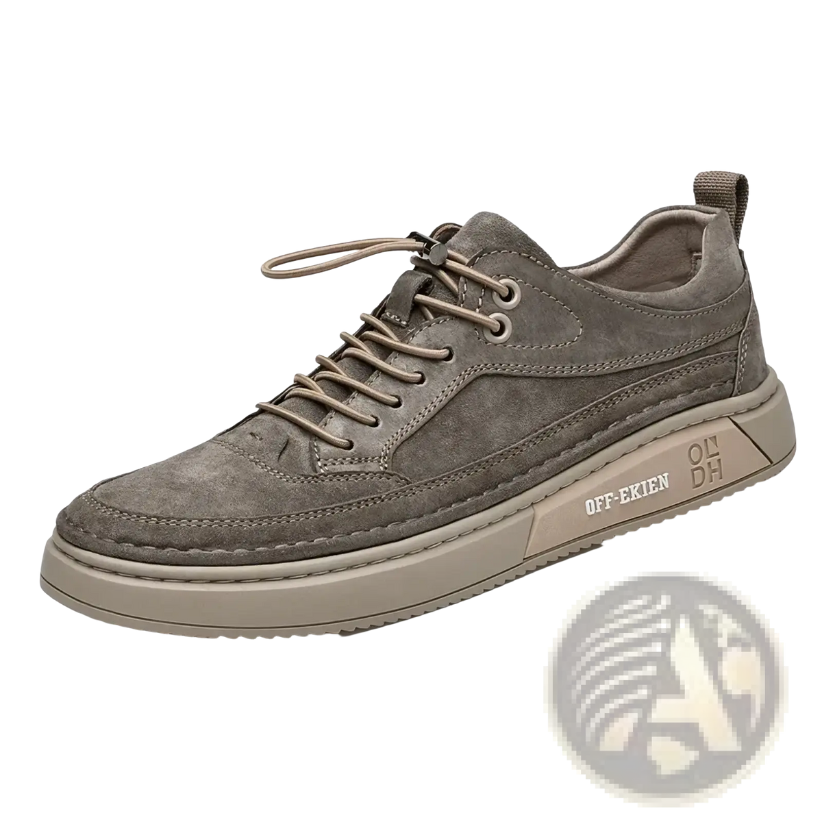 Men leather slip-on loafers casual shoes in gray suede with matching laces and chunky beige rubber sole off-erien branding