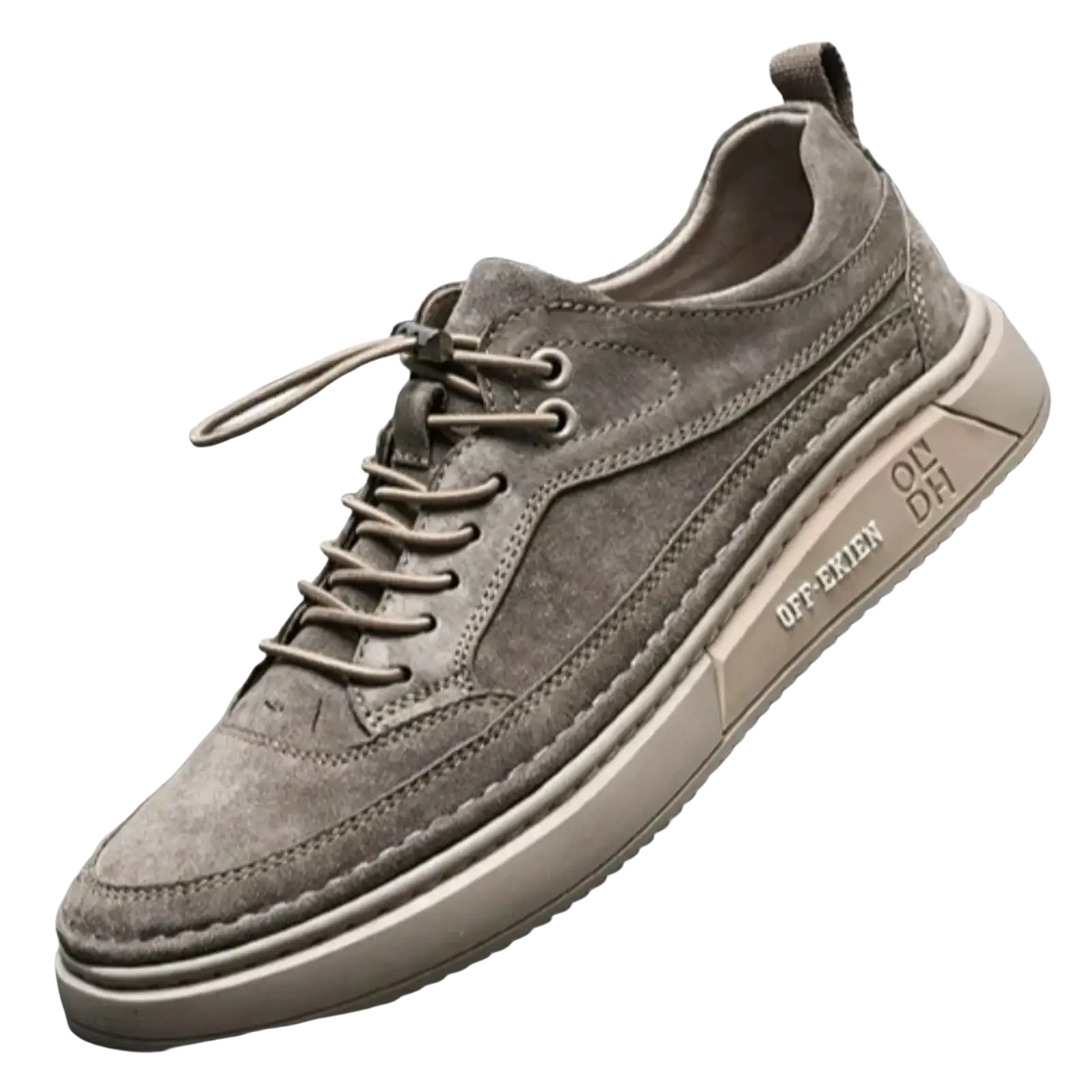 Men leather slip-on loafers in gray suede with lace-up design and chunky beige rubber sole for casual wear