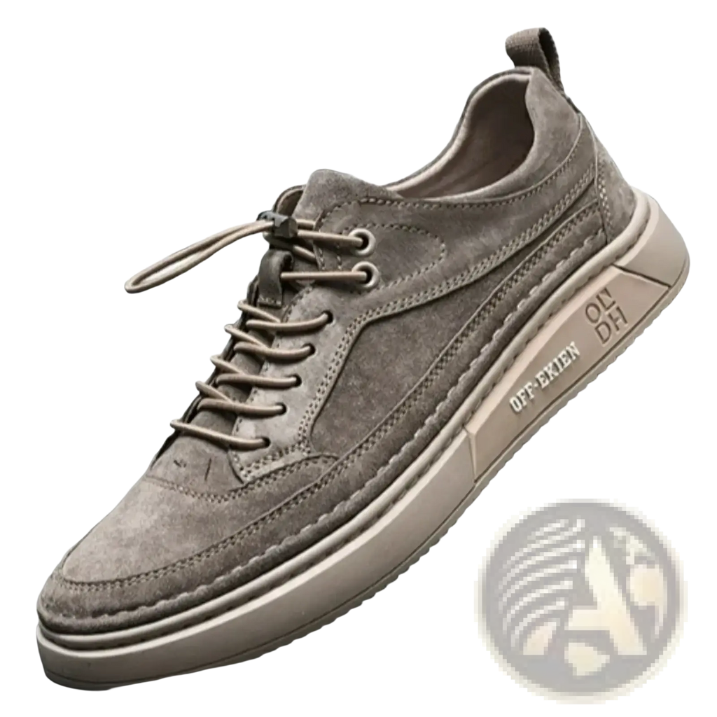 Men leather slip-on loafers in gray suede with lace-up design and chunky beige rubber sole for casual wear
