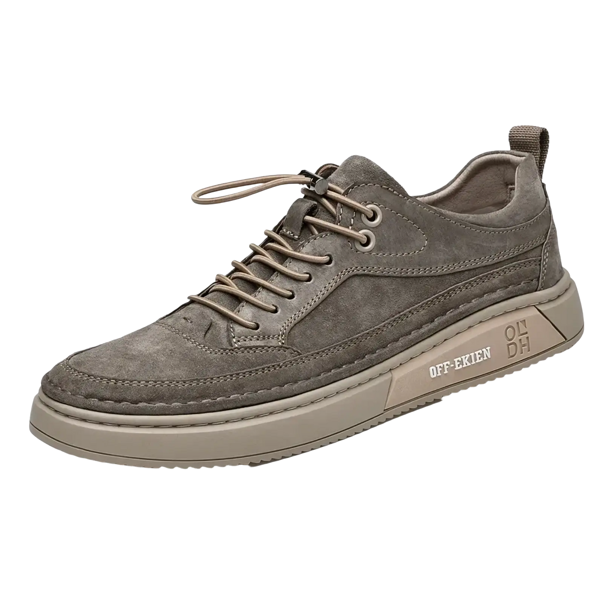Men leather slip-on loafers casual shoes in gray suede with matching laces and chunky beige rubber sole off-erien branding