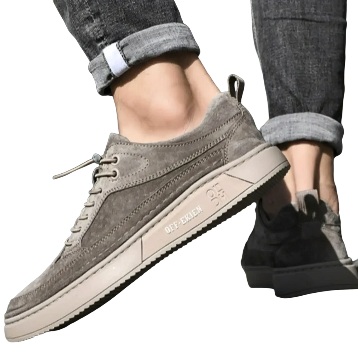Men leather slip-on loafers casual shoes in gray suede with beige rubber sole and off-white branding on the side