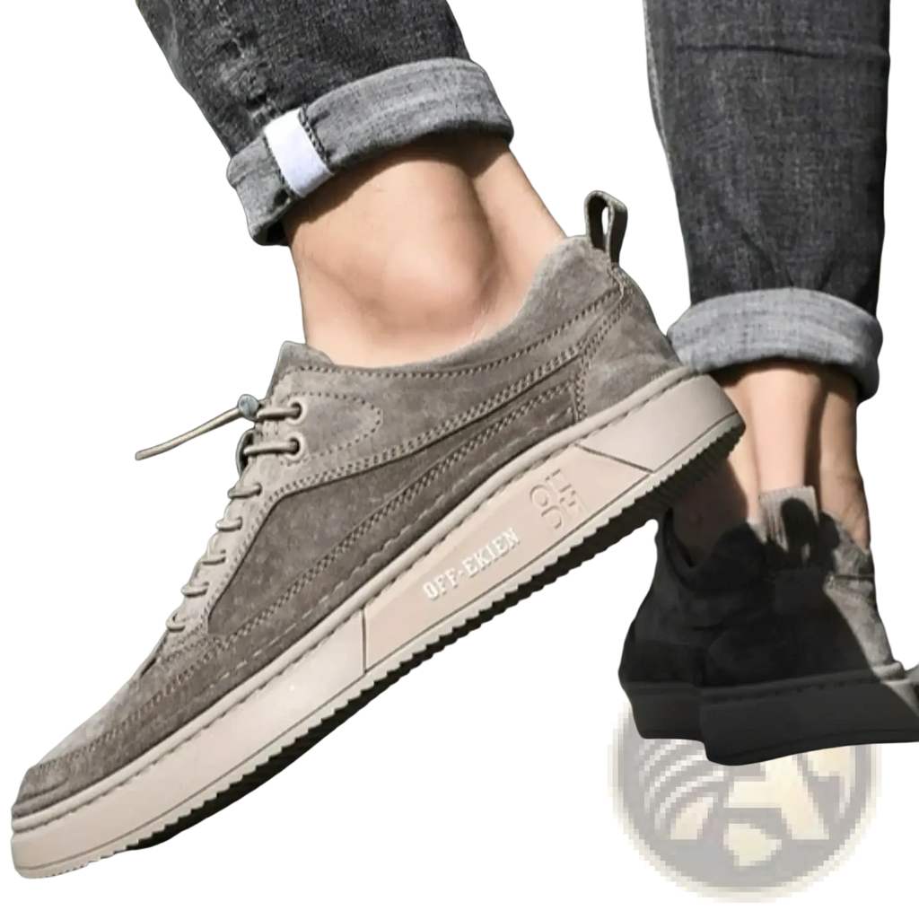 Men leather slip-on loafers casual shoes in gray suede with beige rubber sole and off-white branding on the side