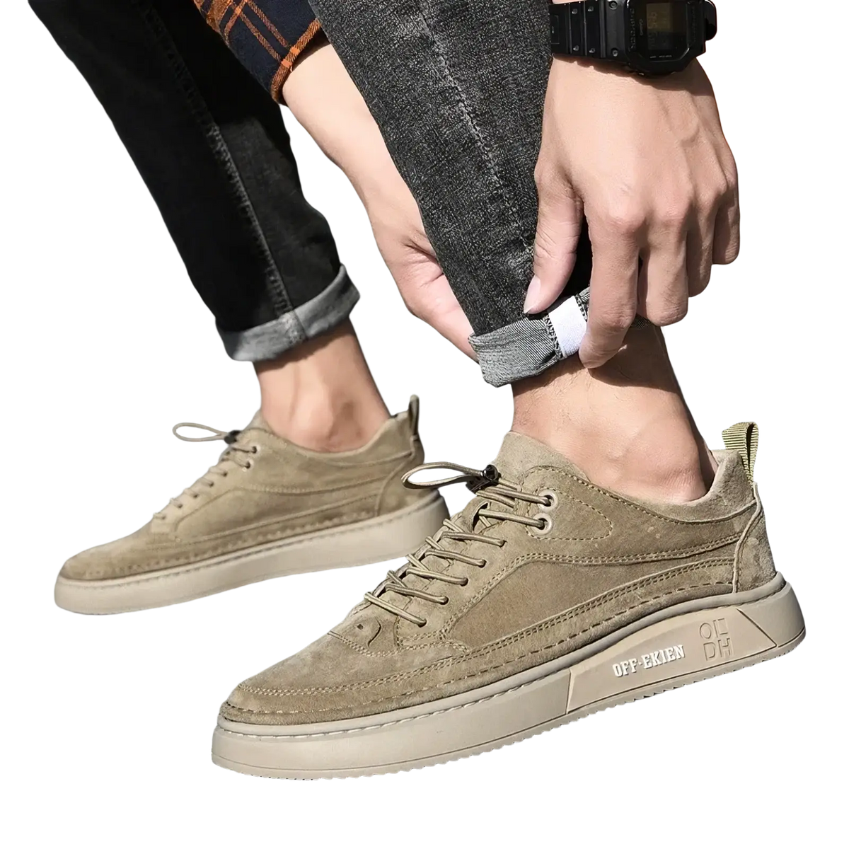 Men leather slip-on loafers in olive green suede with thick off-white rubber sole and off-white branding on the side