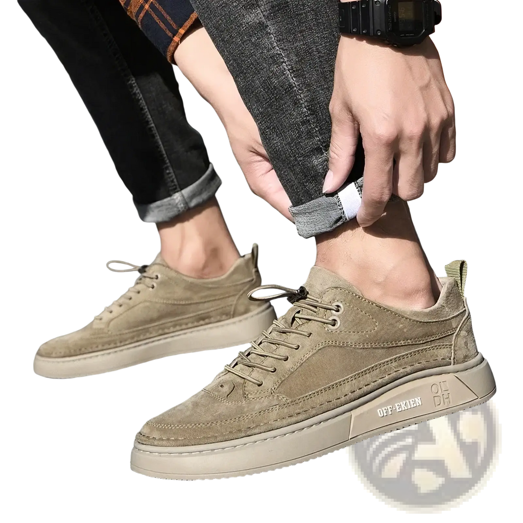 Men leather slip-on loafers in olive green suede with thick off-white rubber sole and off-white branding on the side