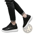 Men leather sneakers platform running shoes in black leather with white rubber soles and contrasting stitching