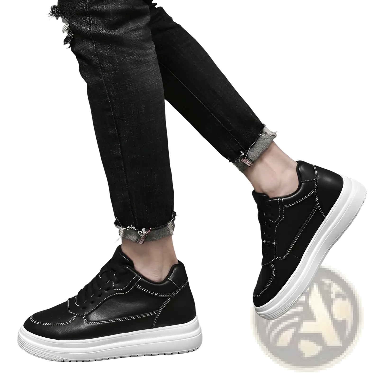 Men leather sneakers platform running shoes in black leather with white rubber soles and contrasting stitching