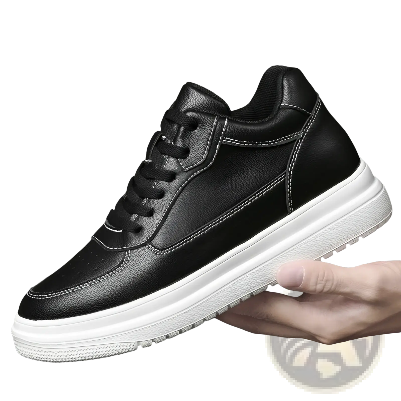 Men leather sneakers platform running shoes black leather low-top sneaker with white rubber sole and contrasting stitching