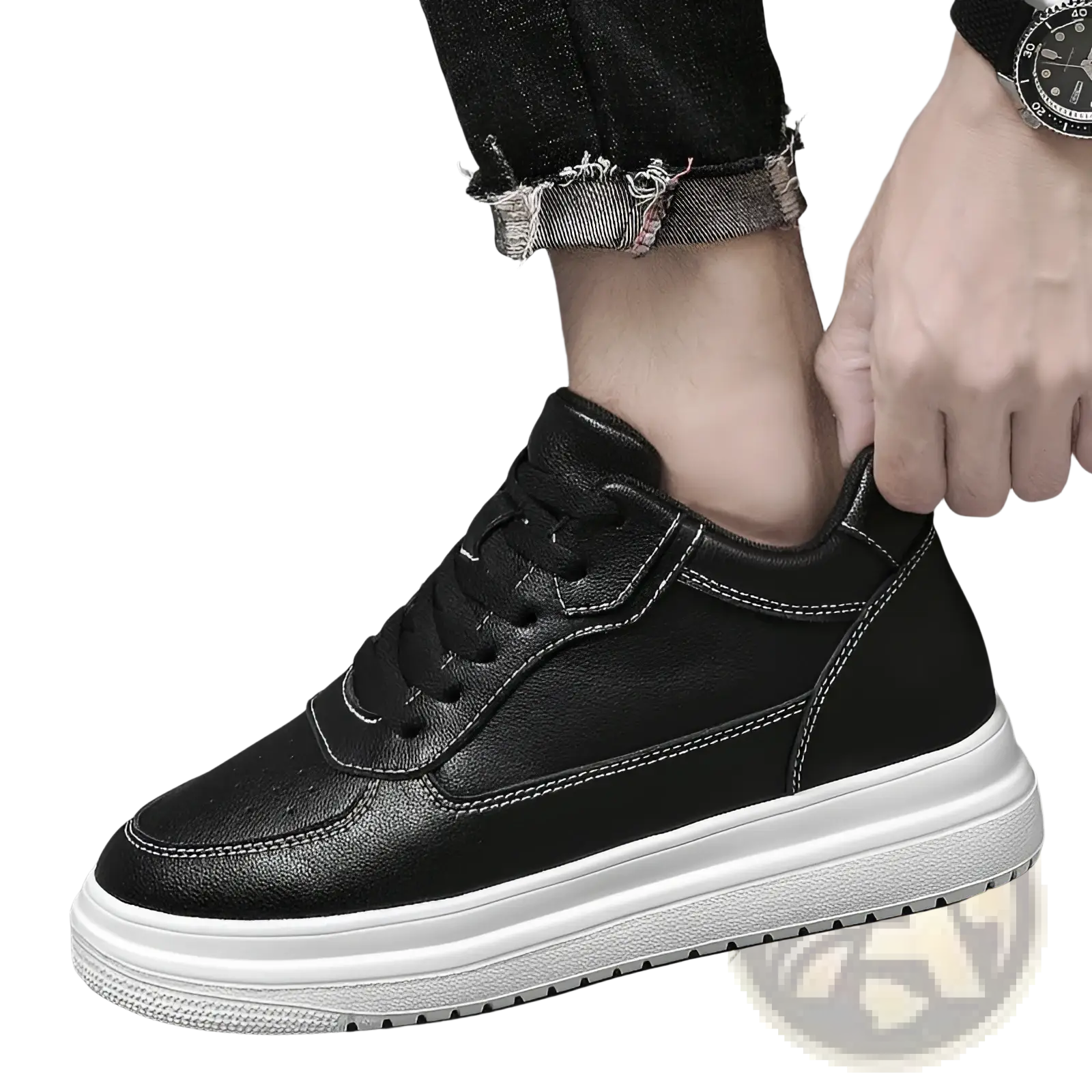 Men leather sneakers platform running shoes black leather high-top sneaker with white sole and contrasting stitching
