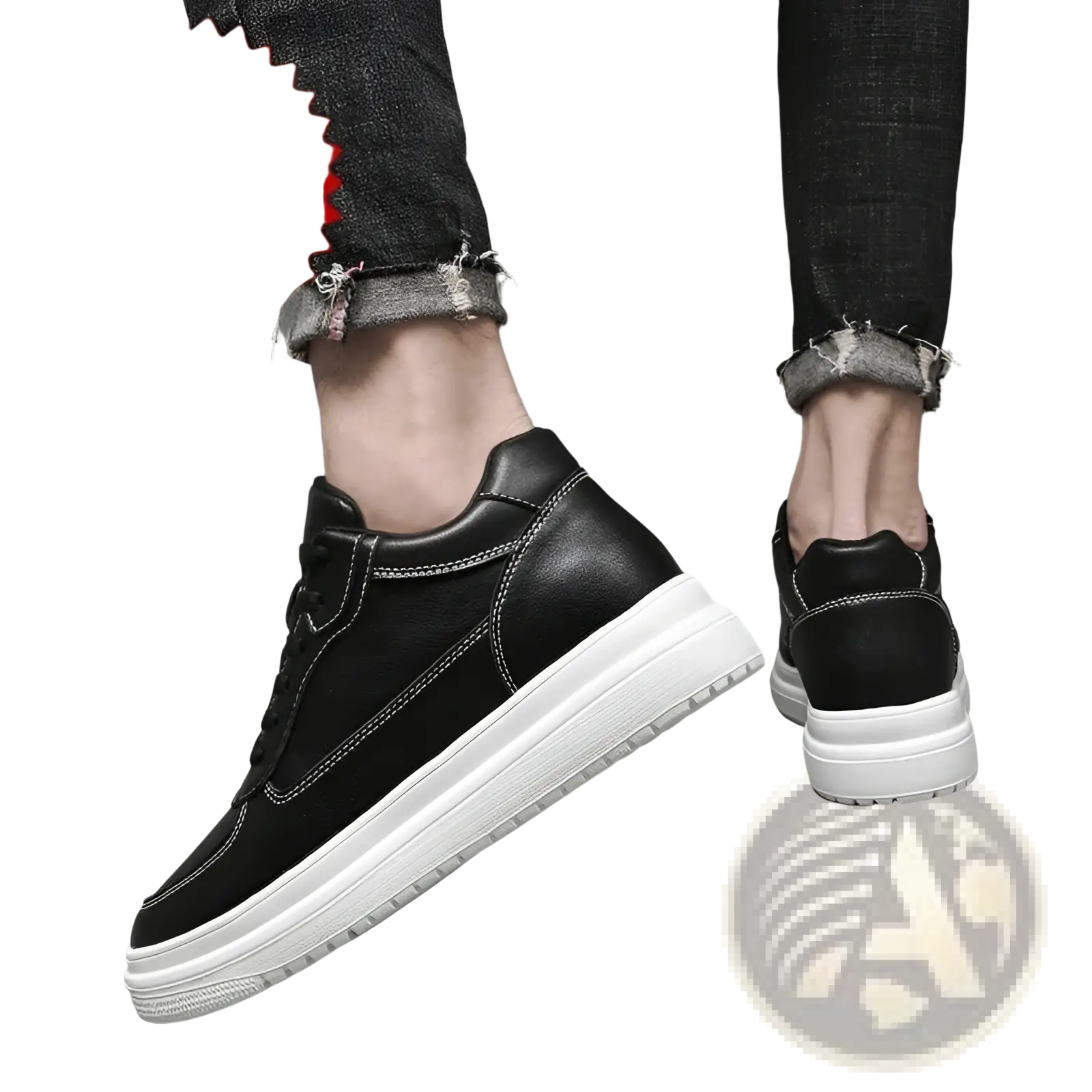 Men leather sneakers platform running shoes featuring black leather, white rubber sole, and contrasting stitching
