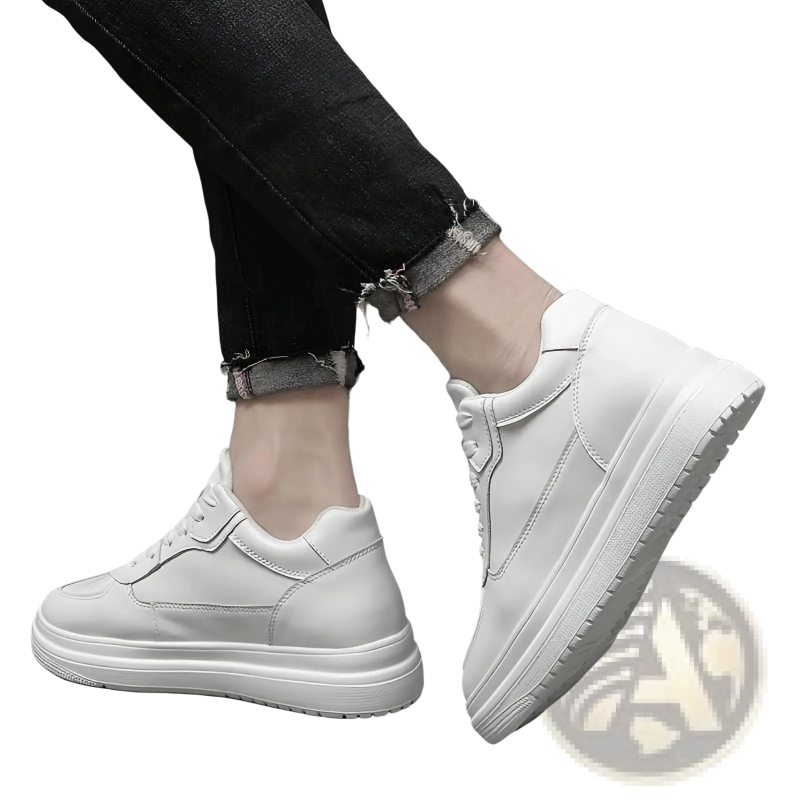 Men leather sneakers platform running shoes in white with thick chunky sole and clean stitching details