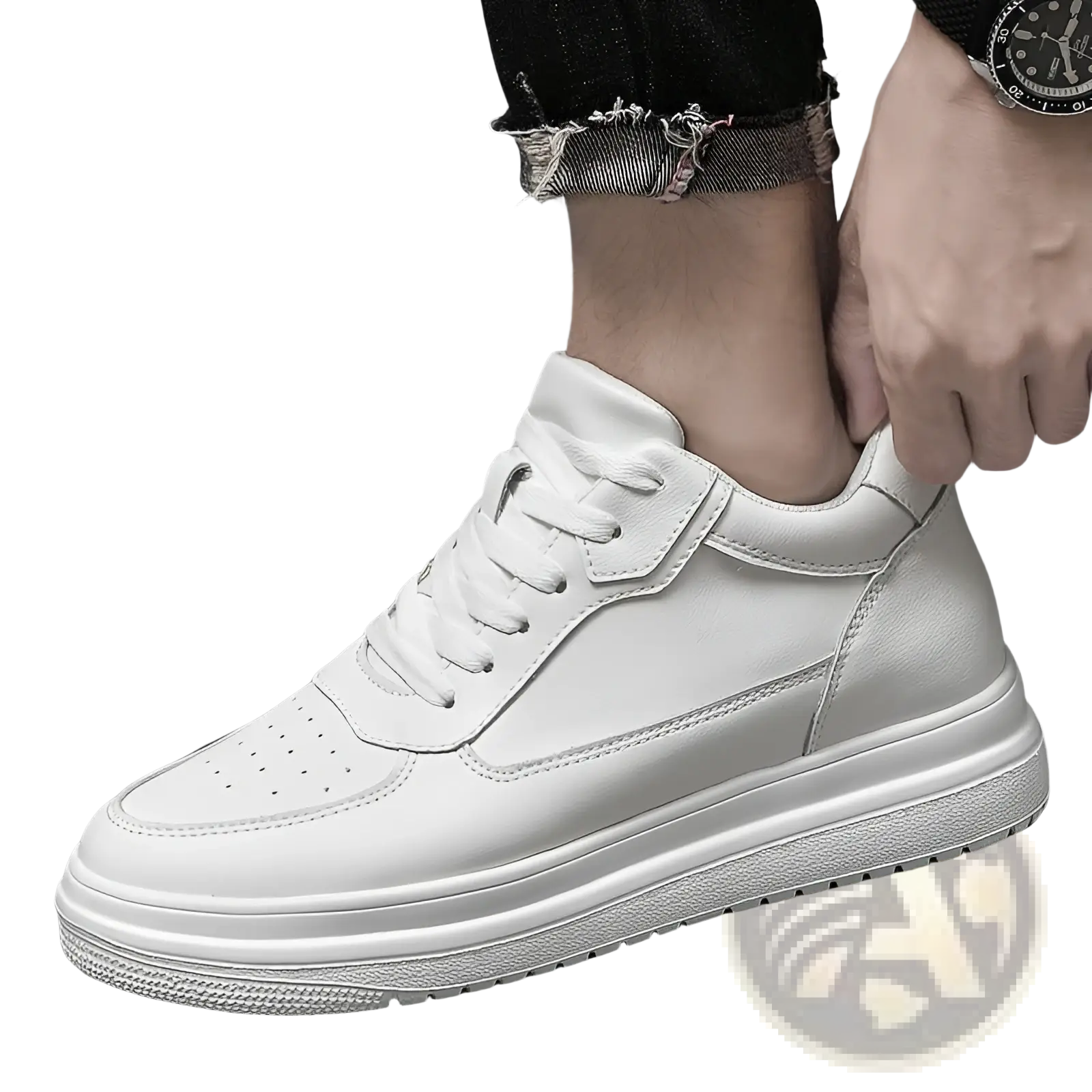 Men leather sneakers platform running shoes featuring white leather high-top design with thick rubber sole and perforated toe box