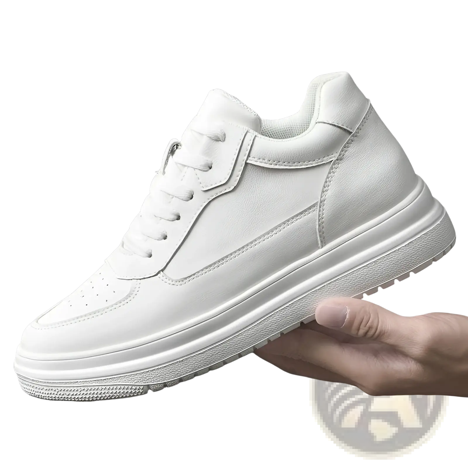 Men leather sneakers platform running shoes in white leather with a thick textured rubber sole and clean stitching details