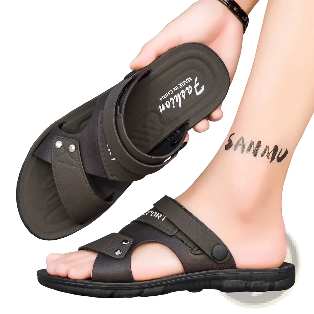 Black leather men sport sandals with adjustable straps and silver metal rivets casual slip on beach shoes