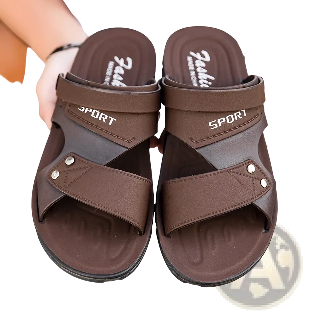 Men leather sport sandals casual slip on beach shoes in brown with cross-strap design and silver metal rivets