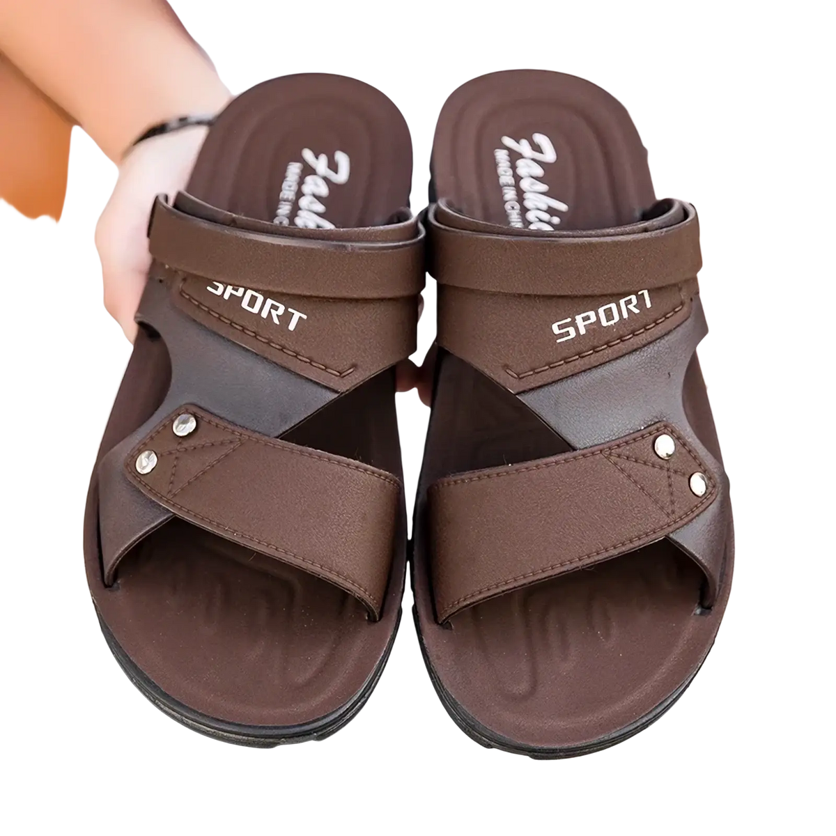 Men leather sport sandals casual slip on beach shoes in brown with cross-strap design and silver metal rivets