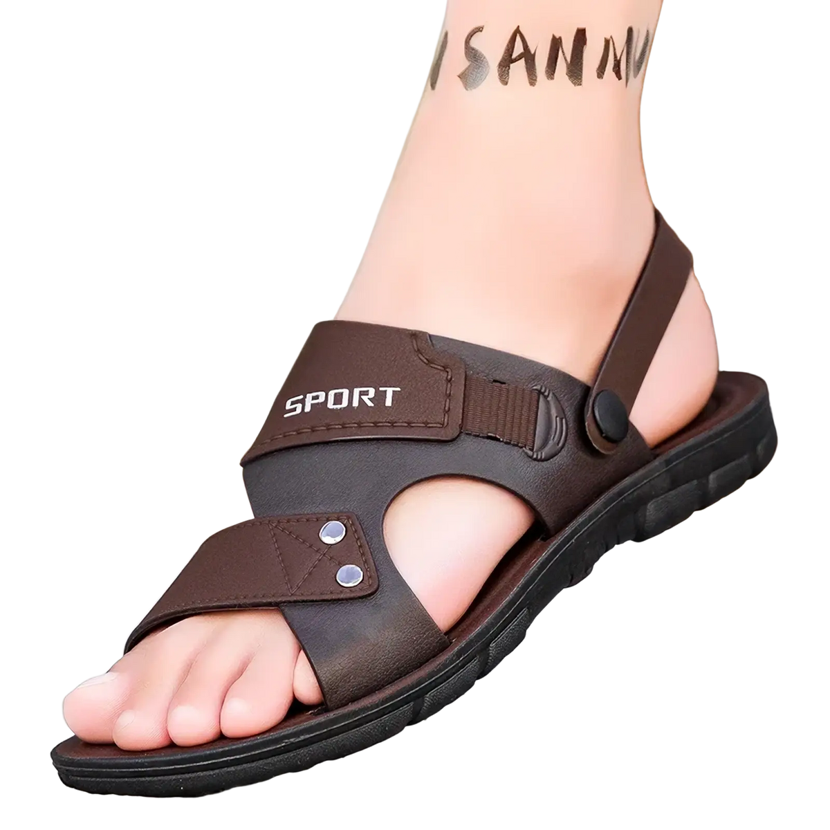 Men leather sport sandals casual slip on beach shoes in brown leather with black rubber sole and silver metal rivets