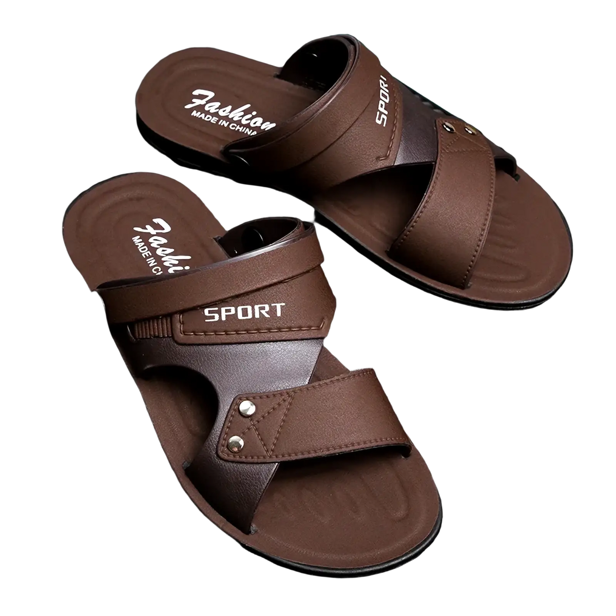 Men leather sport sandals in brown with stitched straps and sport branding for casual slip-on beach use
