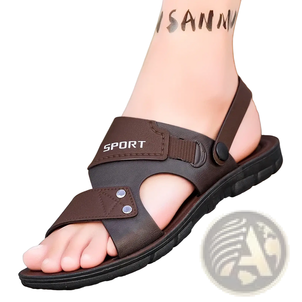 Men leather sport sandals casual slip on beach shoes in brown leather with black rubber sole and silver metal rivets