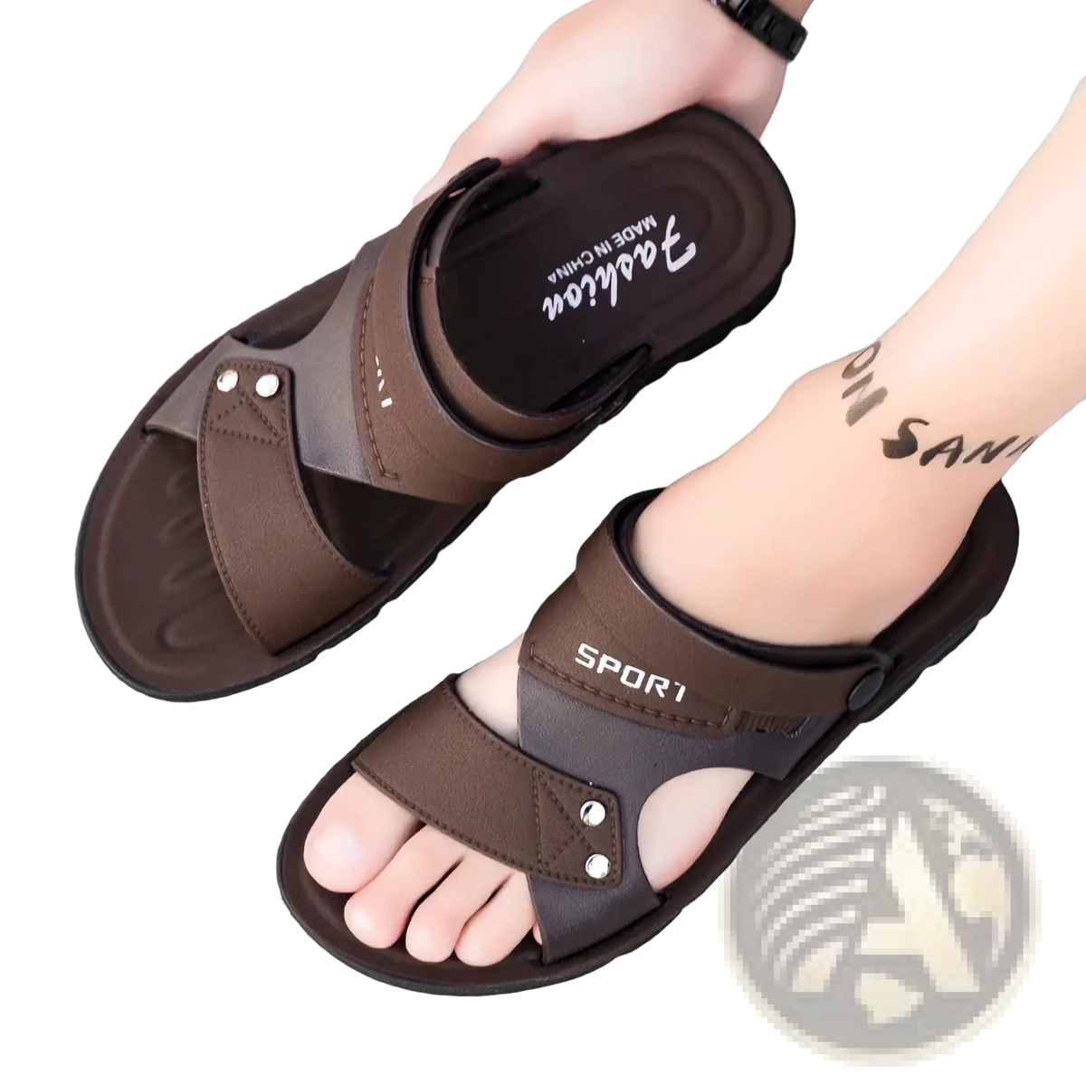 Men leather sport sandals with brown leather-like straps silver-toned metal accents casual slip-on beach shoes