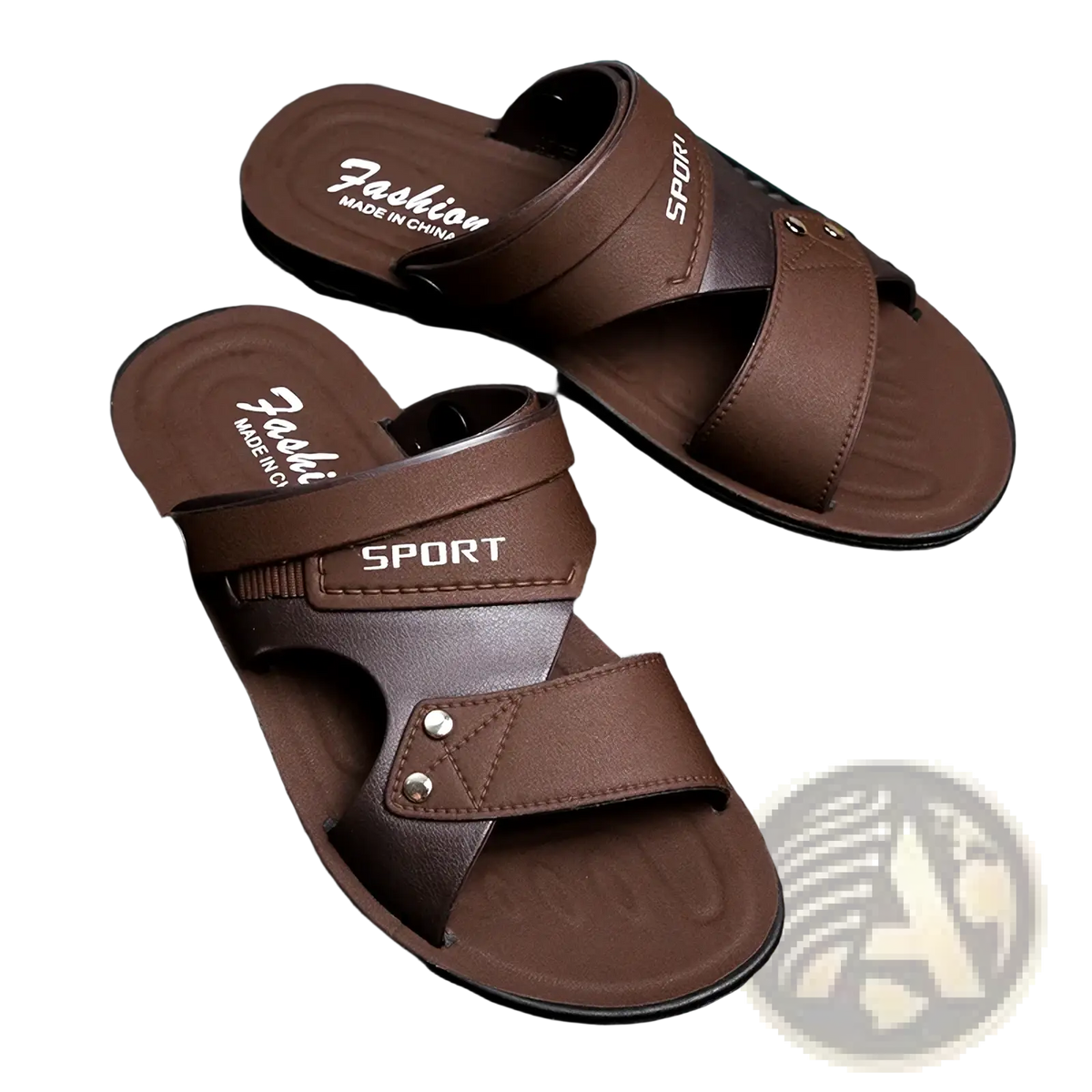Men leather sport sandals in brown with stitched straps and sport branding for casual slip-on beach use