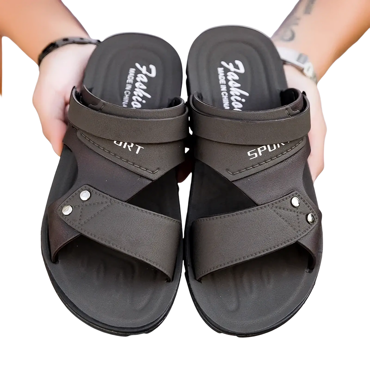 Men leather sport sandals casual slip on beach shoes dark gray cross-strap with silver rivets and cushioned sole