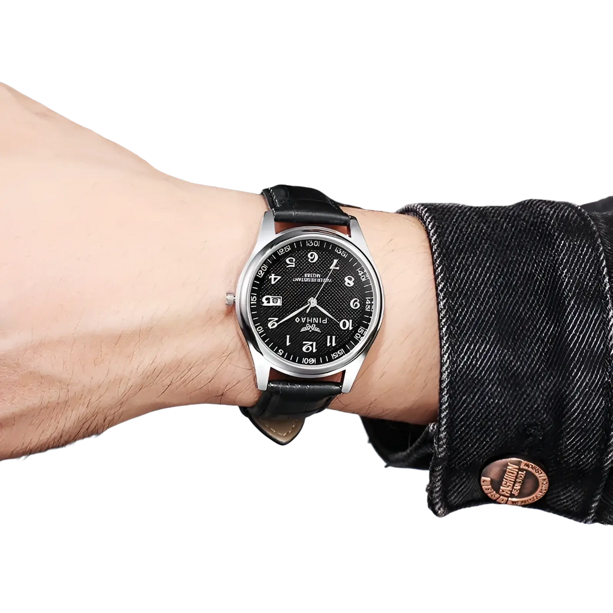 Men leather strap quartz wristwatch with black leather band, silver-toned case, and black dial with white arabic numerals