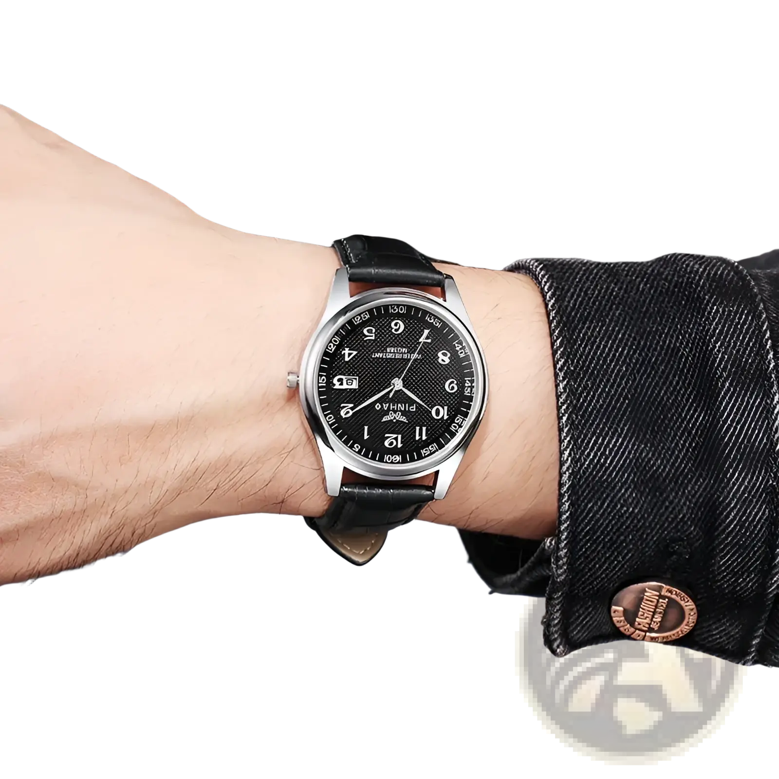 Men leather strap quartz wristwatch with black leather band, silver-toned case, and black dial with white arabic numerals