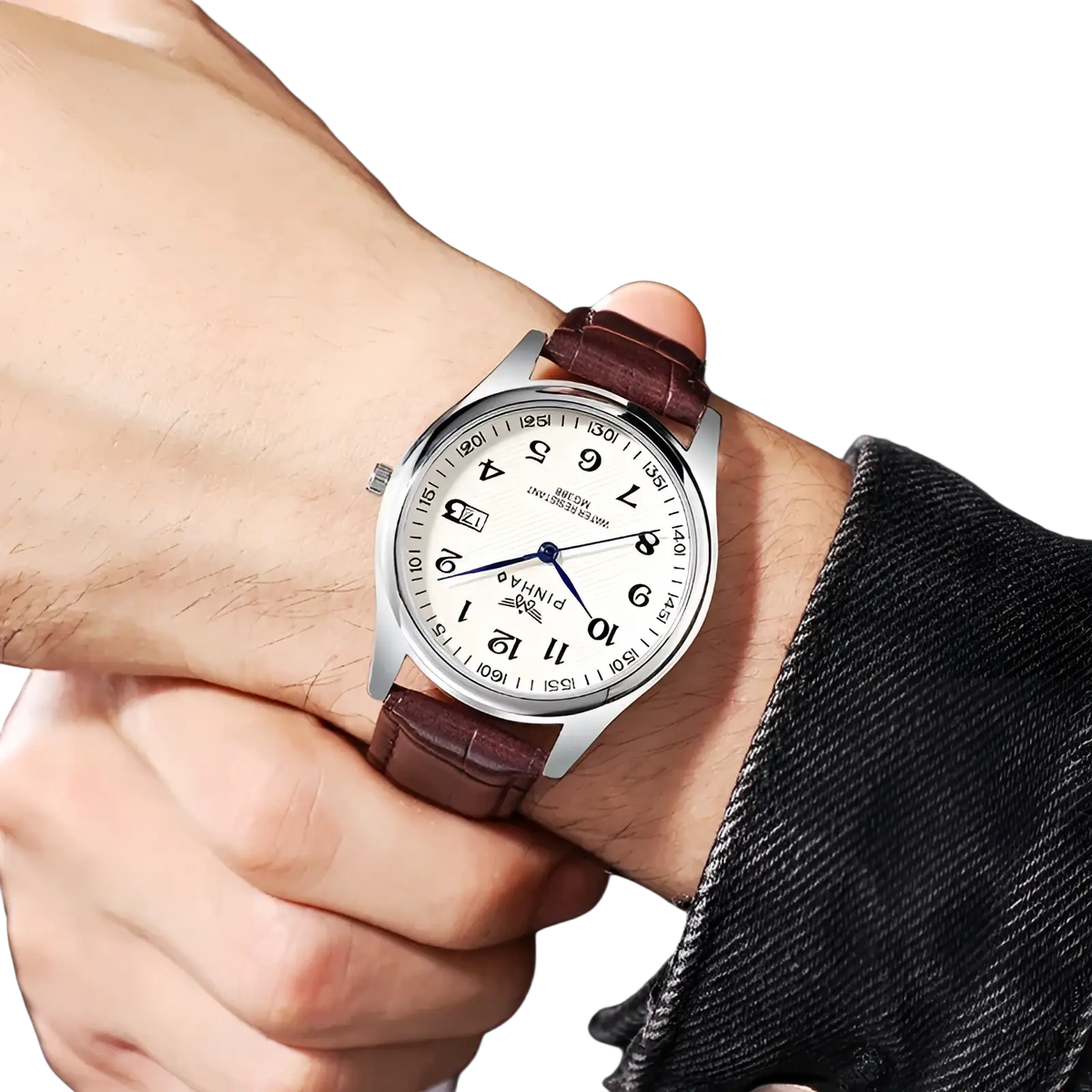 Men leather strap quartz wristwatch with silver-toned analog case white dial black numerals and brown leather strap
