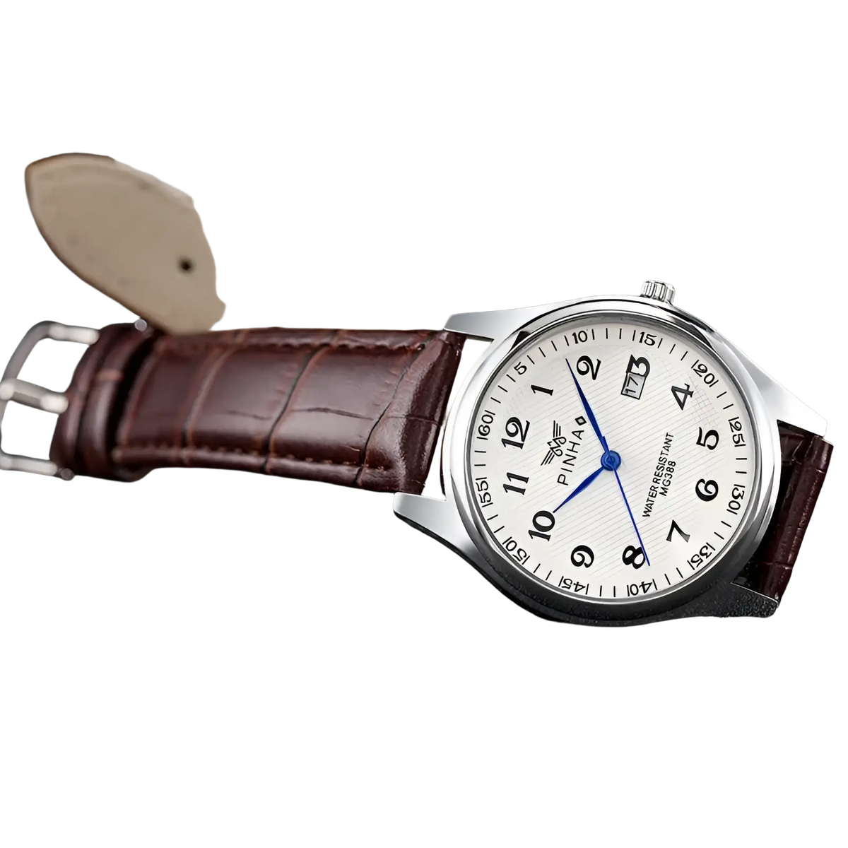 Men leather strap quartz wristwatch with silver-toned case white dial brown crocodile leather strap and blue hands