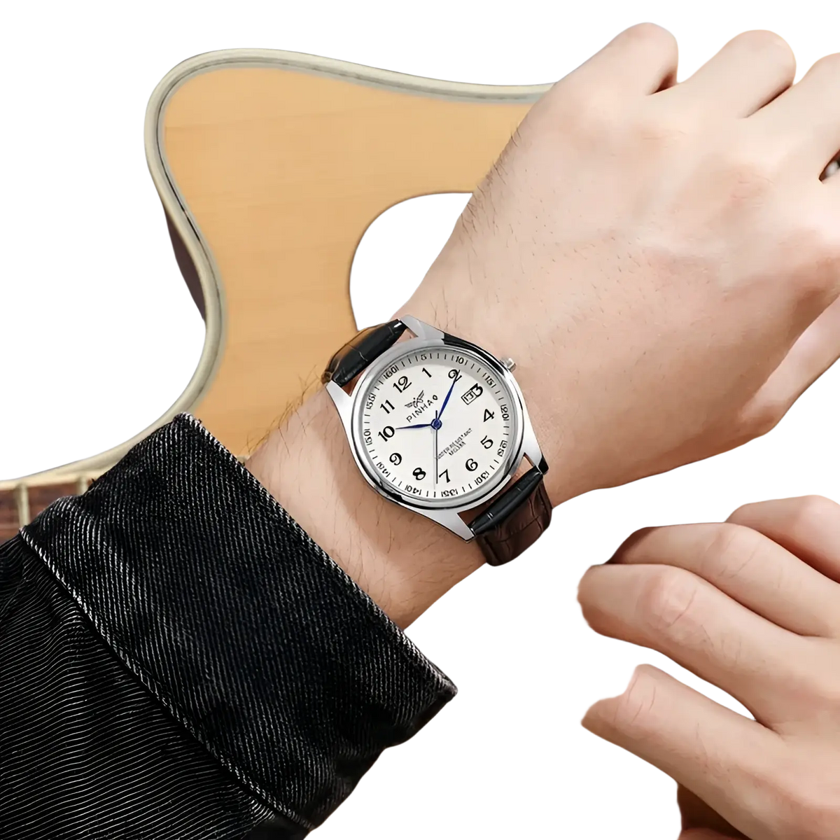 Men leather strap quartz wristwatch with silver-toned case, white dial, black leather strap, and blue hands