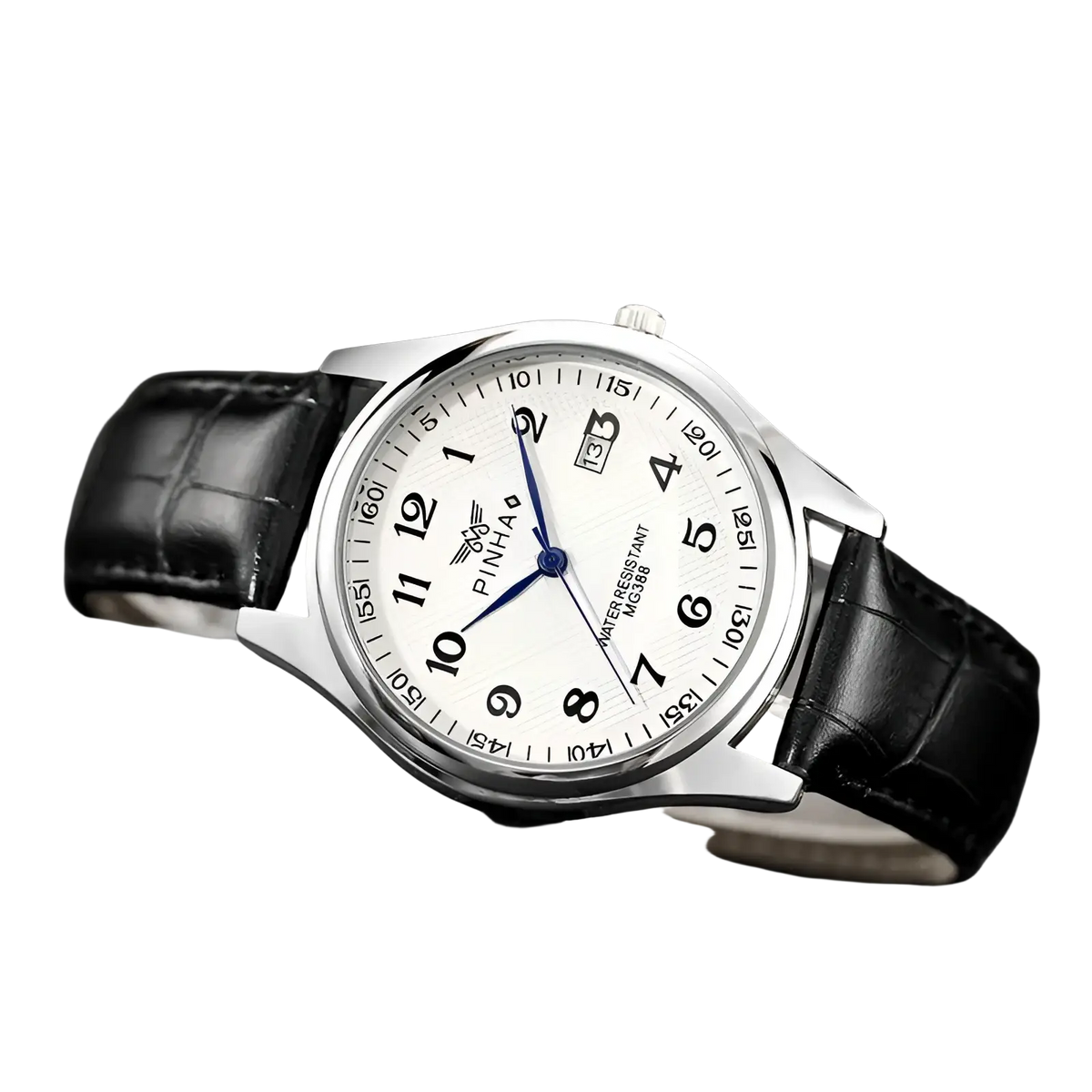 Men leather strap quartz wristwatch with silver-toned case, white textured dial, black crocodile leather strap, and blue hands