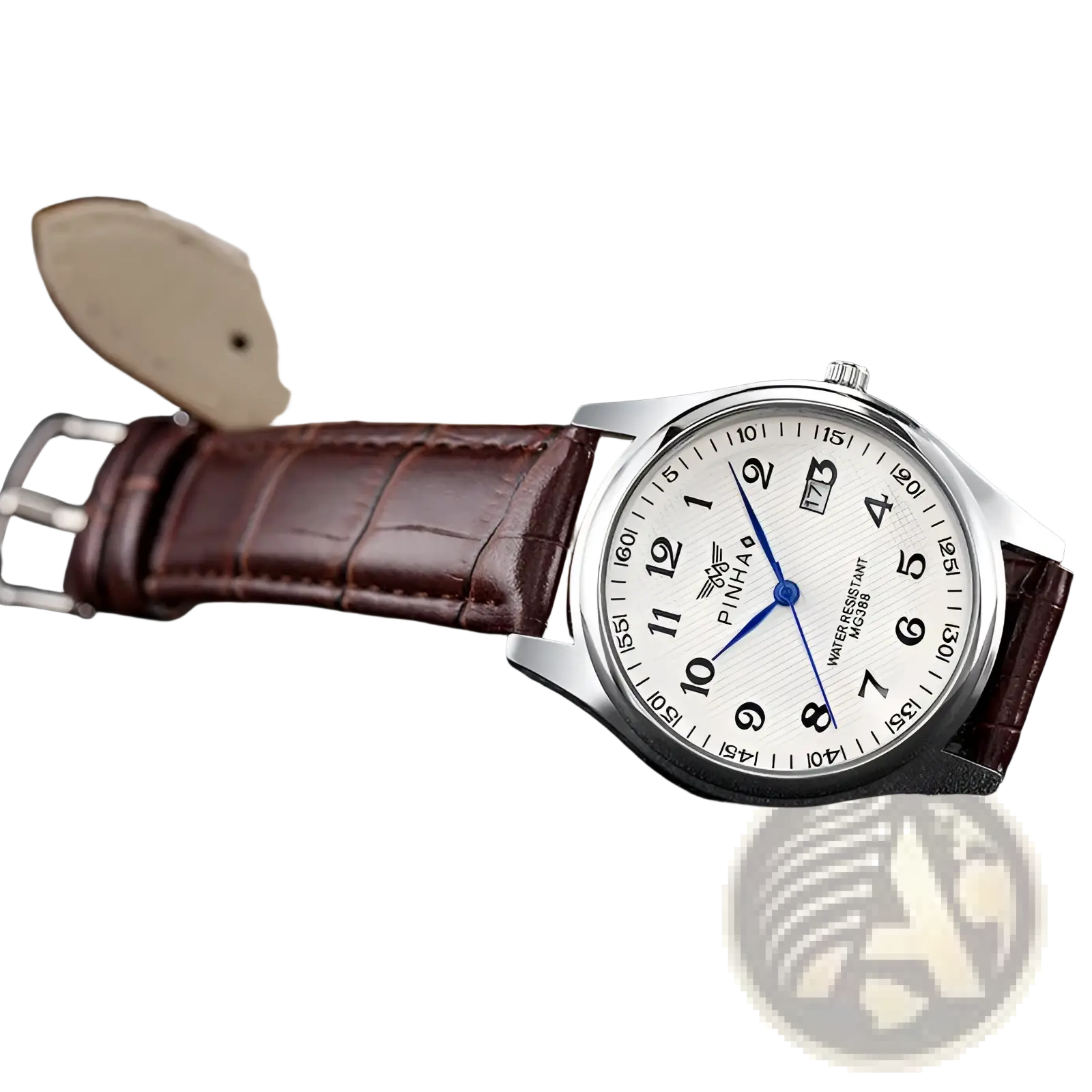 Men leather strap quartz wristwatch with silver-toned case white dial brown crocodile leather strap and blue hands